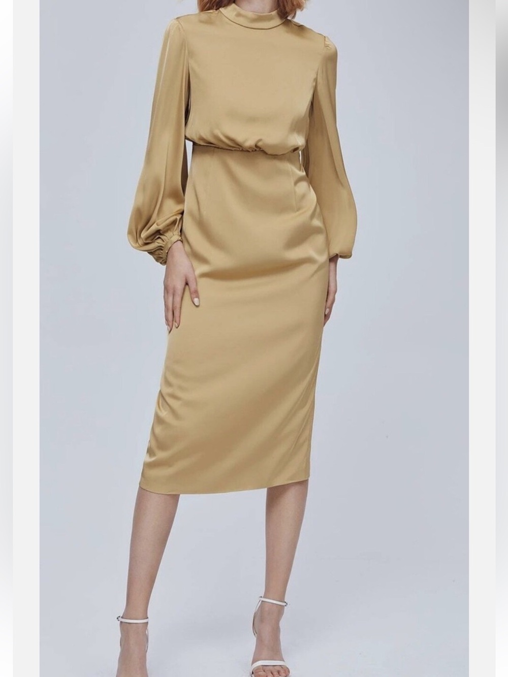 MOTF Tan Satin Long-Sleeve Midi Dress Size L